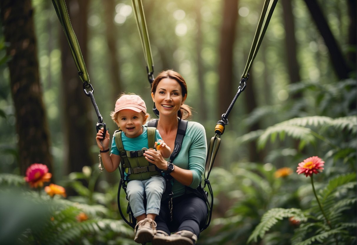 A mother and child ziplining through a lush forest, with vibrant flowers and exotic birds in the background