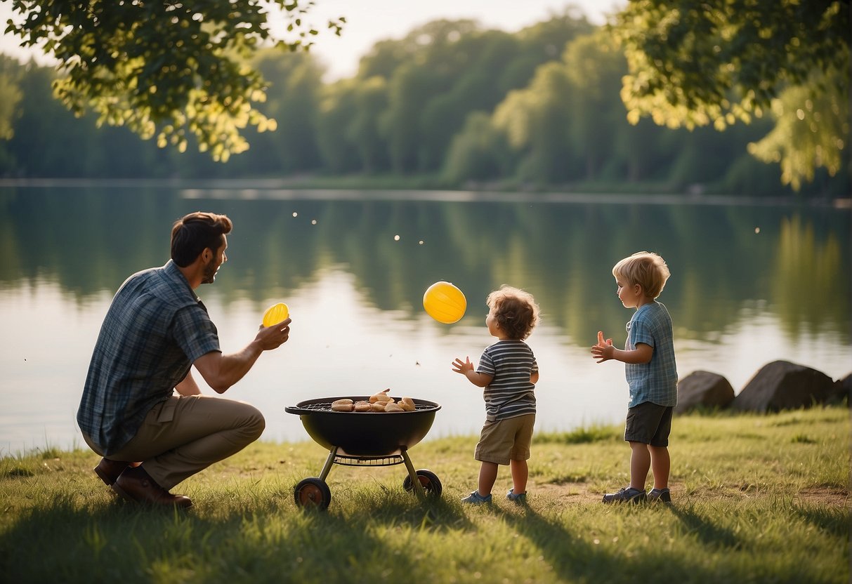 Fathers and children playing catch in the park, grilling burgers, and fishing by the lake