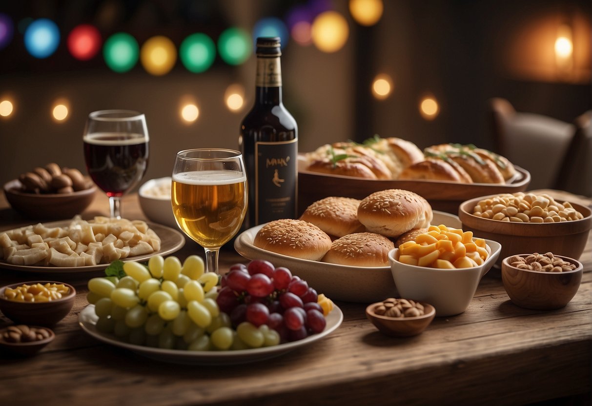 A table set with a variety of food and drink, surrounded by festive decorations and gifts, with a banner reading "Happy Father's Day" in the background