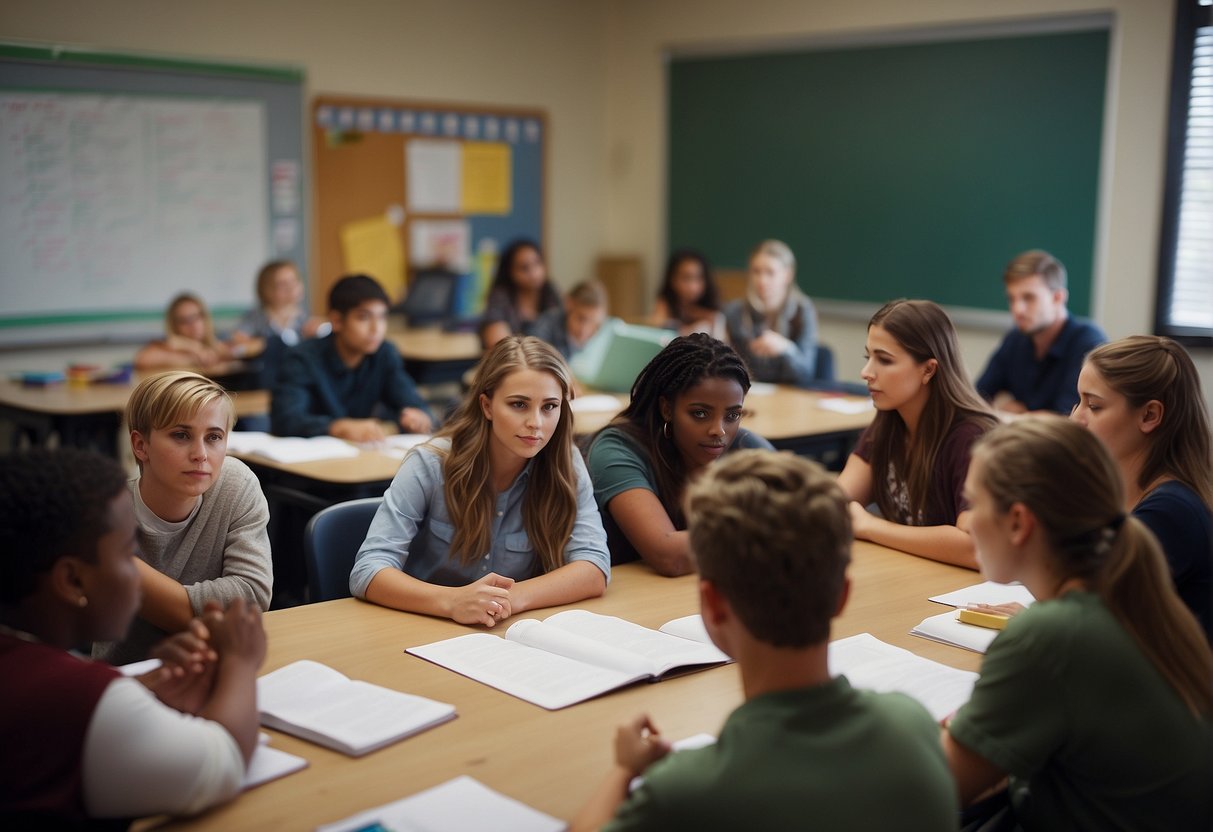 Students engage in group discussions, while others work on projects. The teacher leads a lesson at the front of the classroom. Books and supplies are scattered across desks