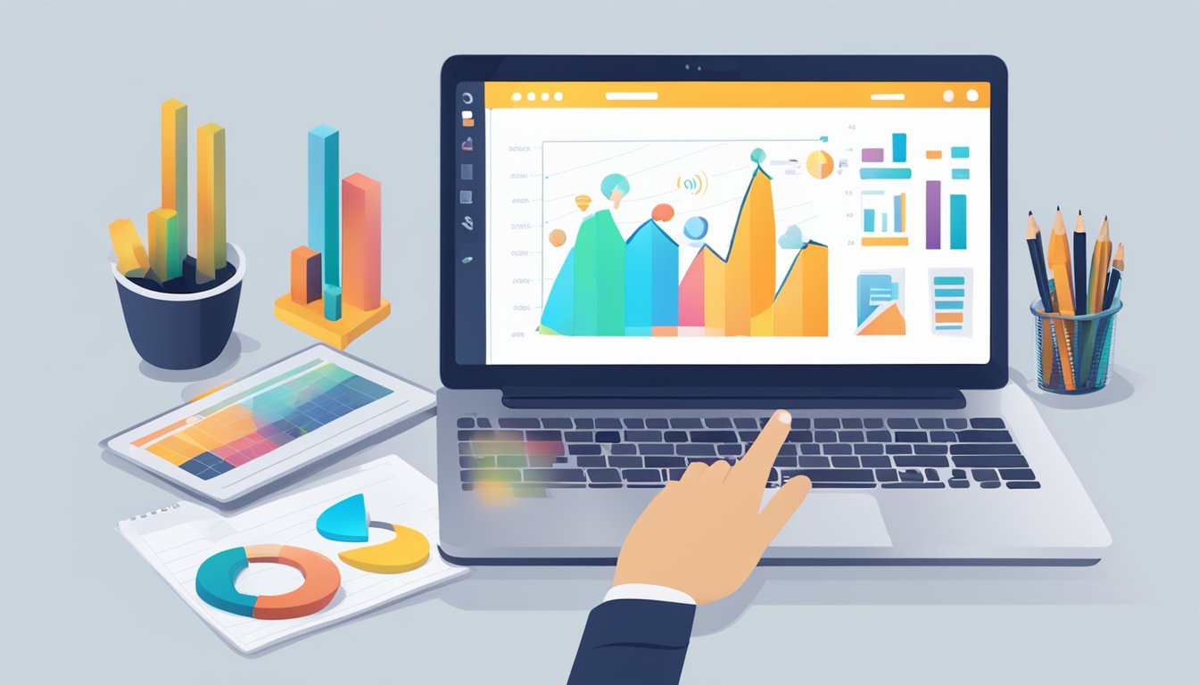 A laptop displaying digital marketing analytics, with a graph showing performance metrics. A person's hand holding a pen to take notes