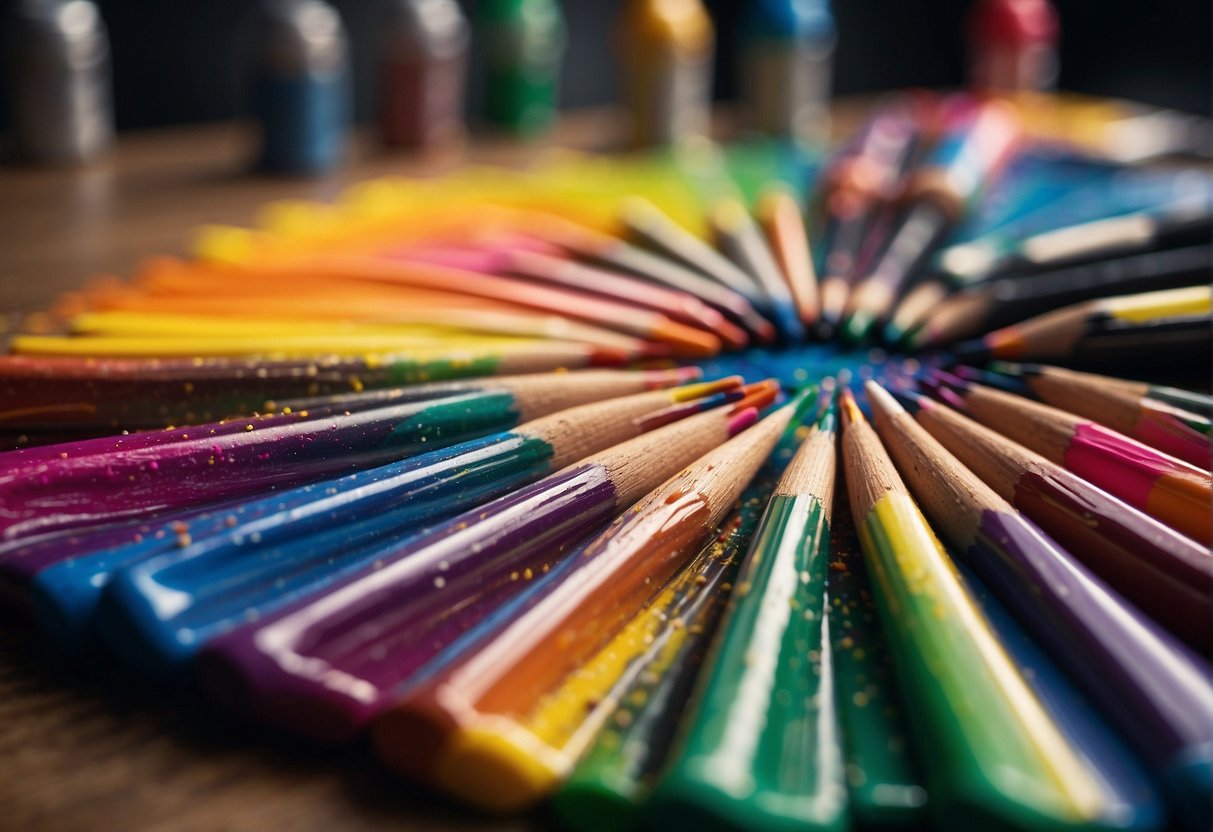 Vibrant paints splattered on a canvas, mixing and blending. A palette of colorful markers scattered on a desk, creating a rainbow of doodles. Brightly hued pencils being sharpened, ready to bring life to a blank page