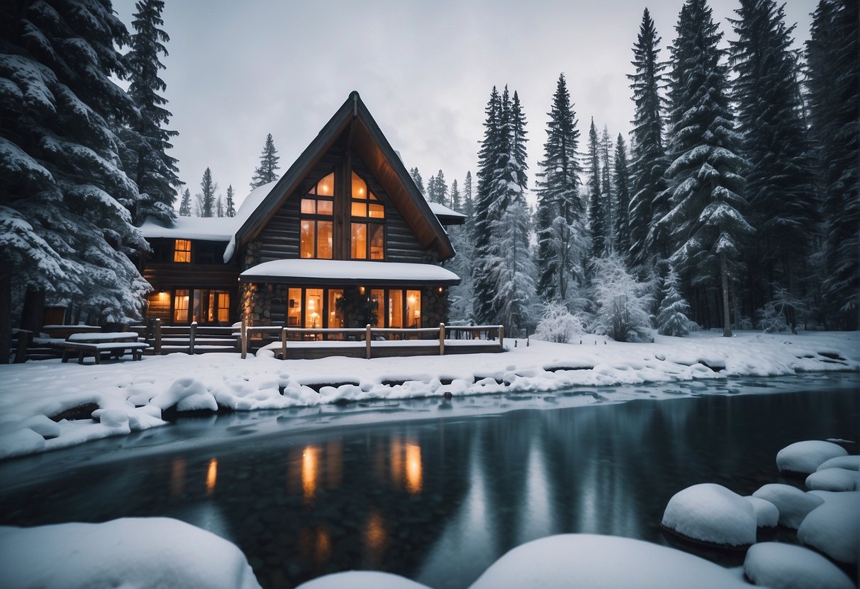 A cozy cabin with a crackling fireplace, surrounded by snow-covered trees and a serene frozen lake