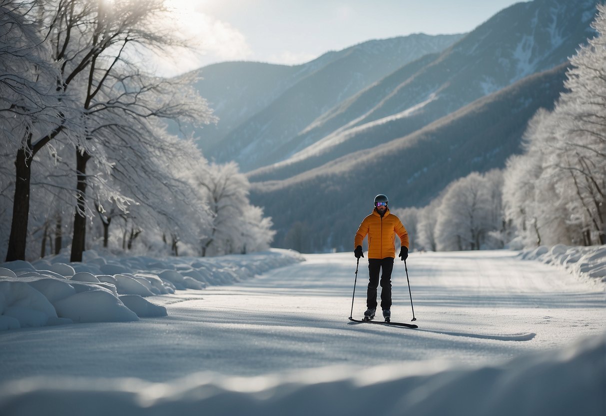 A snow-covered landscape with a couple ice skating on a frozen pond and a solo skier gliding down a mountain slope