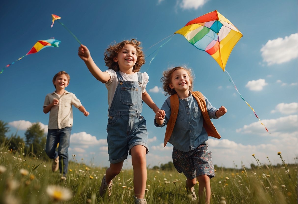 Children flying kites in a blooming meadow with a clear blue sky and a gentle breeze