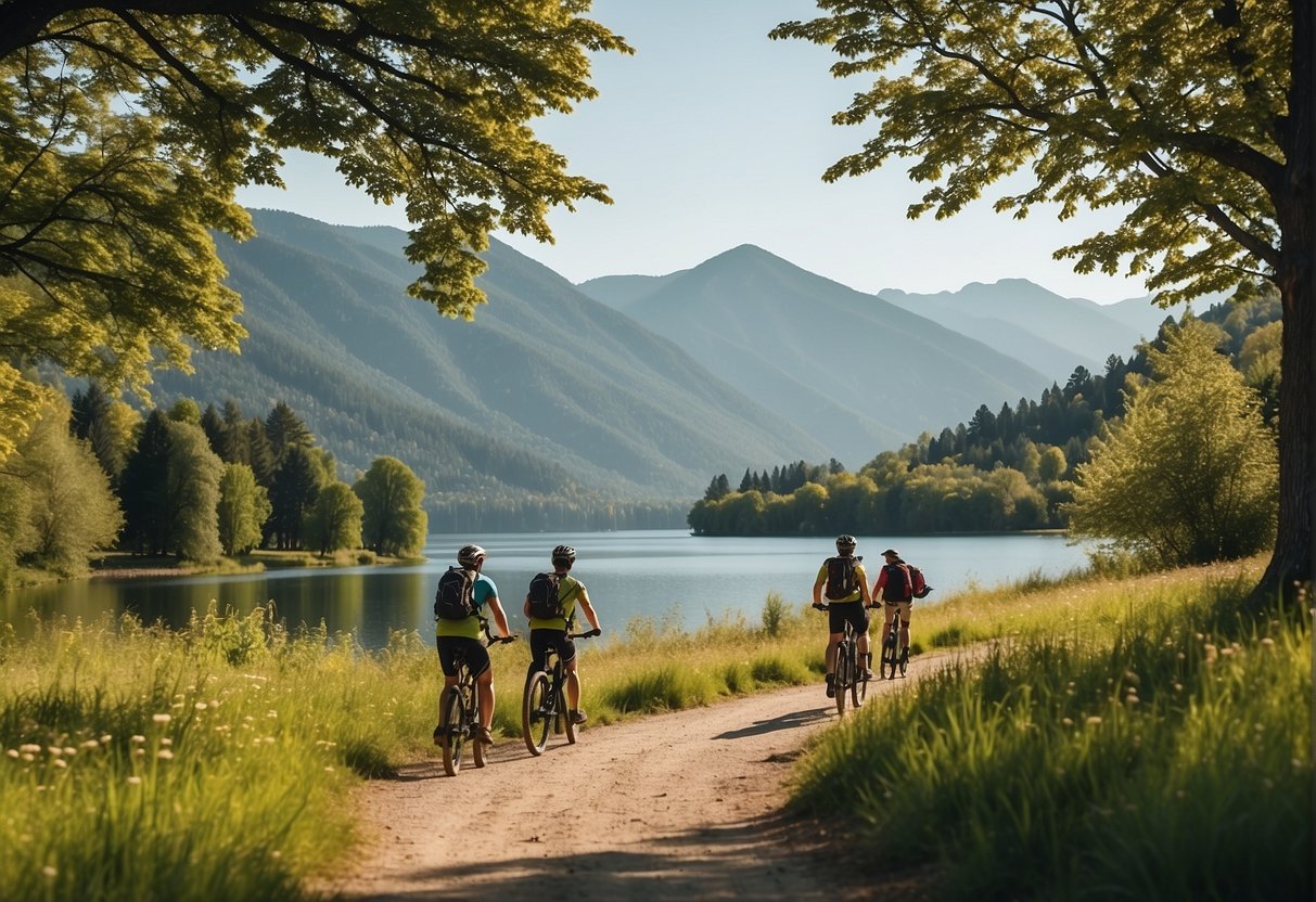 People hiking, biking, and swimming in a sunny, green park with a lake and mountains in the background