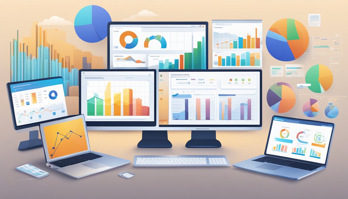 Various data charts and graphs displayed on computer screens, showing website traffic, user engagement, and conversion rates