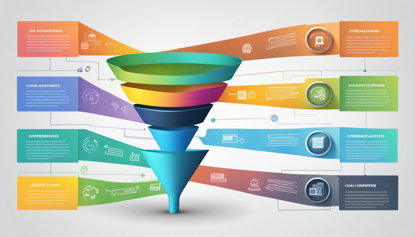 A funnel-shaped graph with website analytics data flowing from acquisition to conversion stages