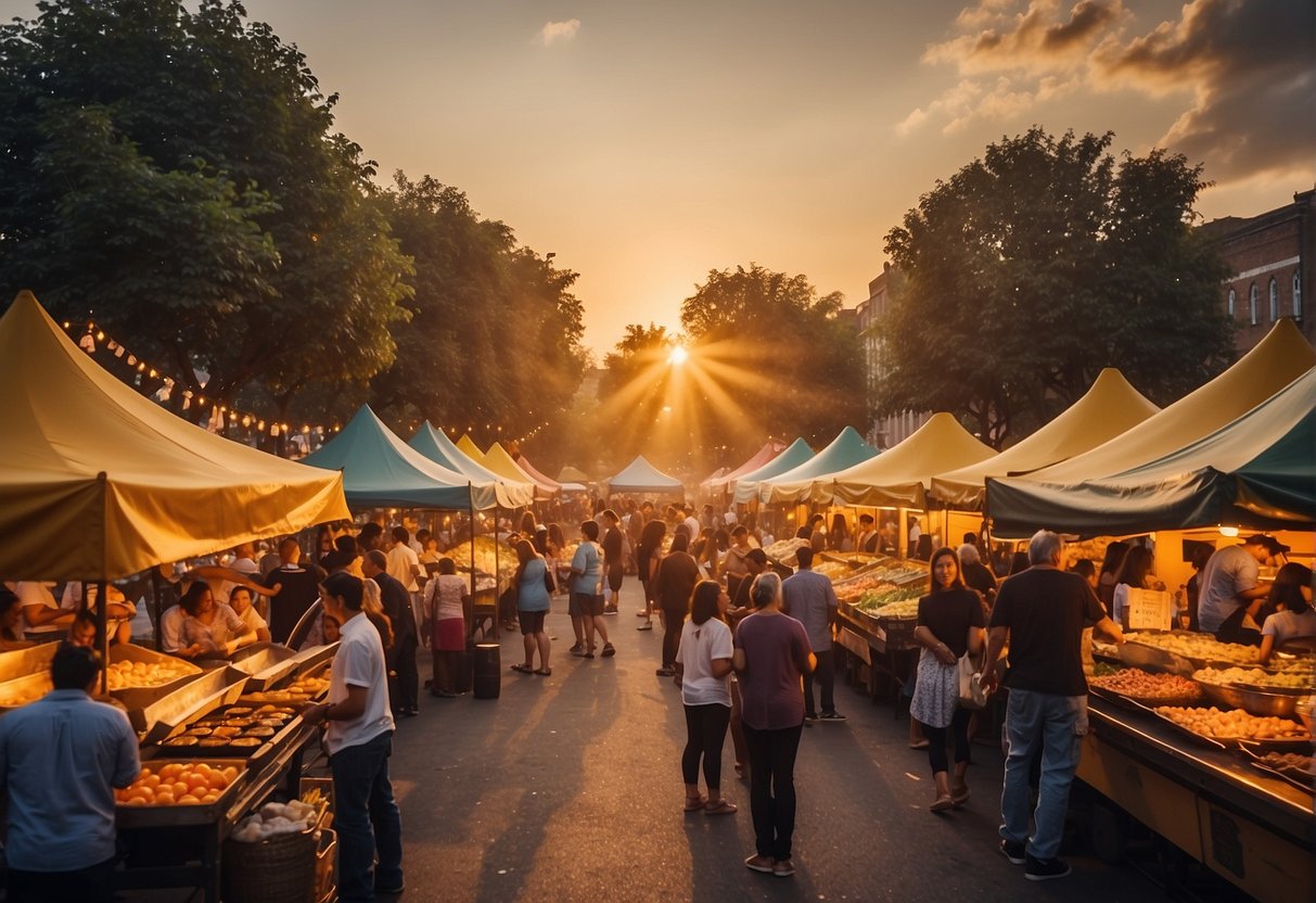 A vibrant sunset over a bustling outdoor market with food stalls, live music, and people enjoying outdoor games and activities