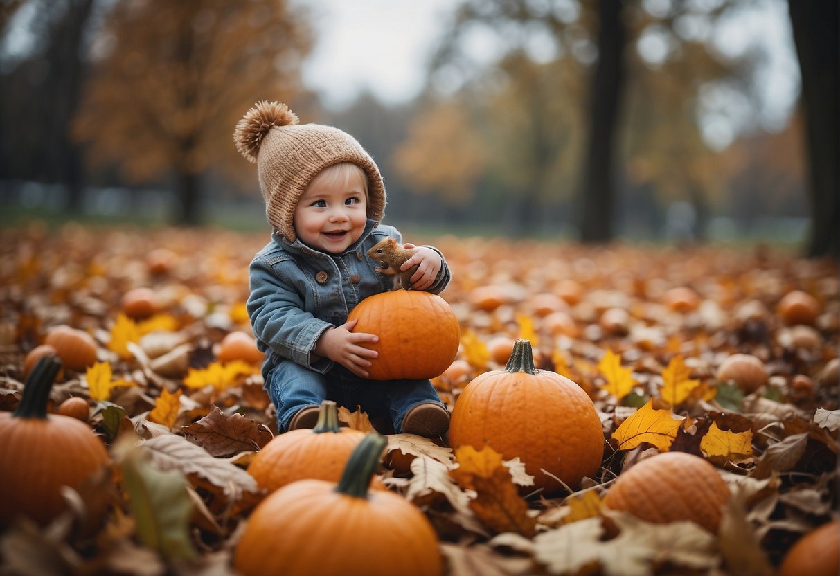 Children playing in a pile of colorful leaves, a scarecrow standing in a pumpkin patch, and squirrels gathering acorns in a forest