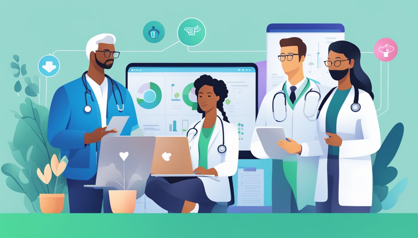 Healthcare providers engage online, sharing medical insights and promoting wellness. Visuals show diverse professionals using digital platforms to connect with patients