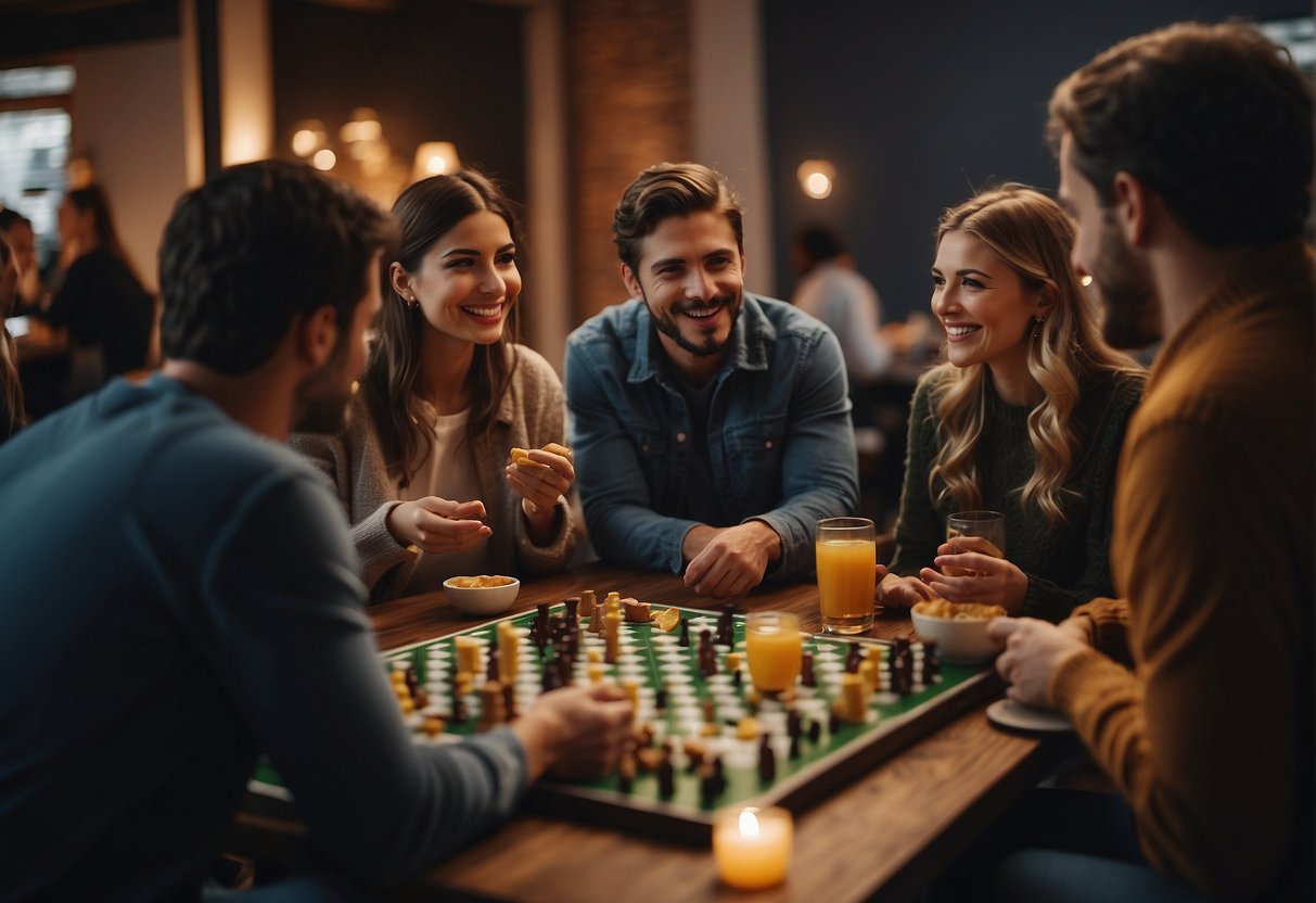 People chatting, playing board games, and sharing snacks at a cozy gathering