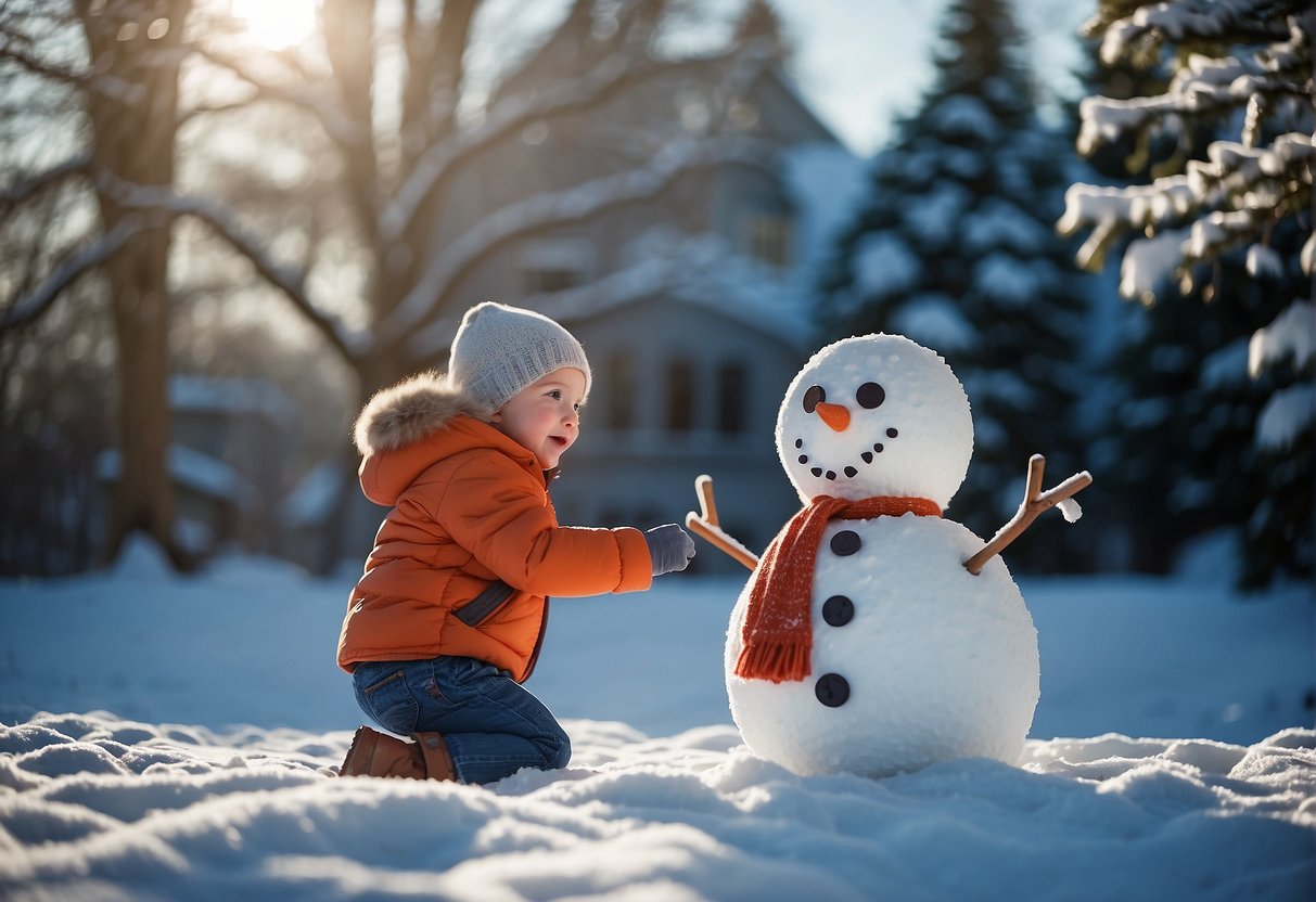 A toddler building a snowman in a snowy backyard, surrounded by snow-covered trees and a bright blue sky