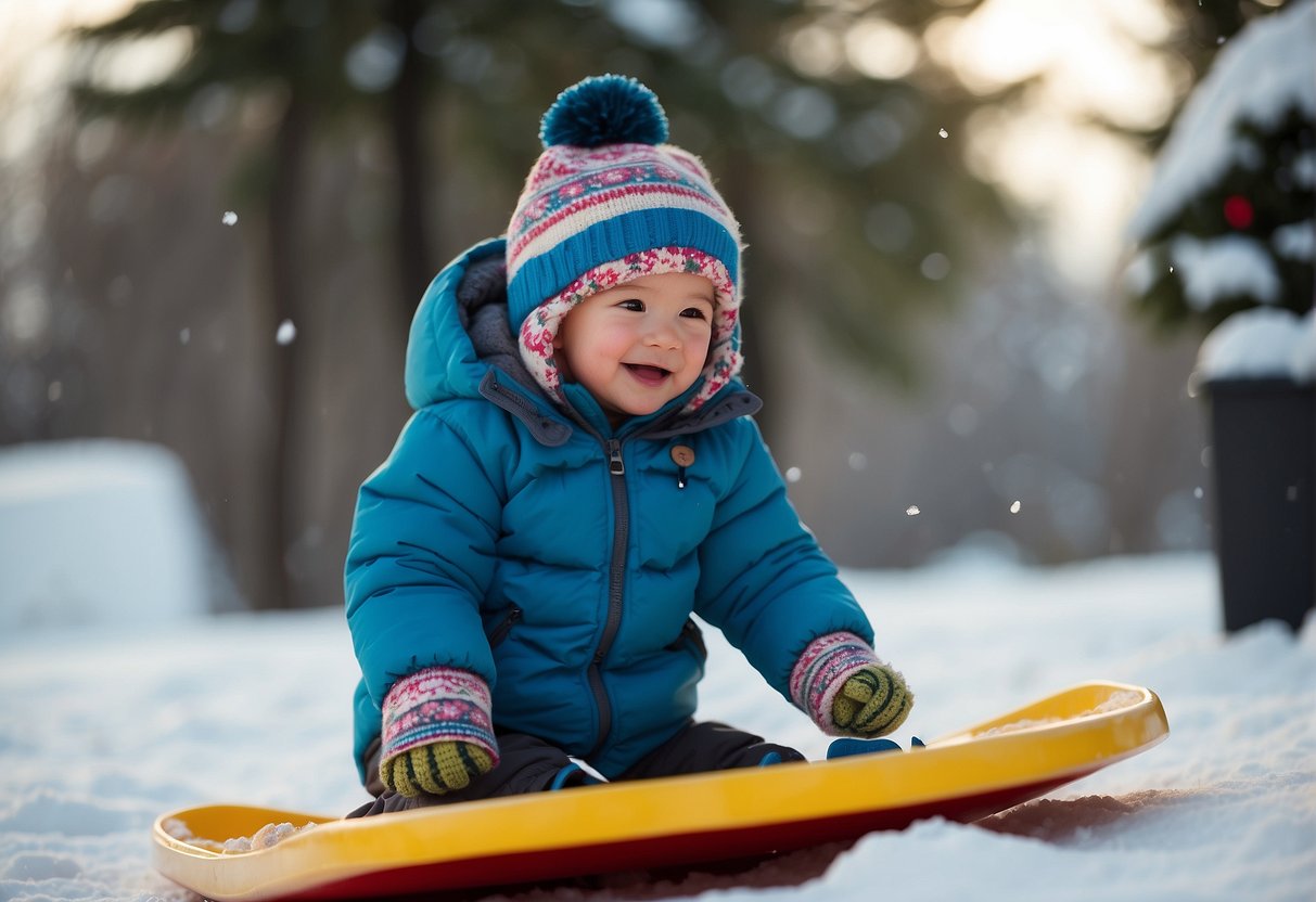 A toddler in winter gear plays with snow while parents watch and provide guidance. Resources like sleds and snow toys are nearby