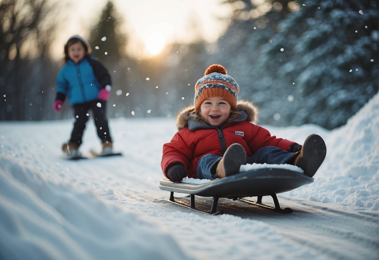 Children sledding down snowy hills, building snowmen, and having snowball fights in a winter wonderland