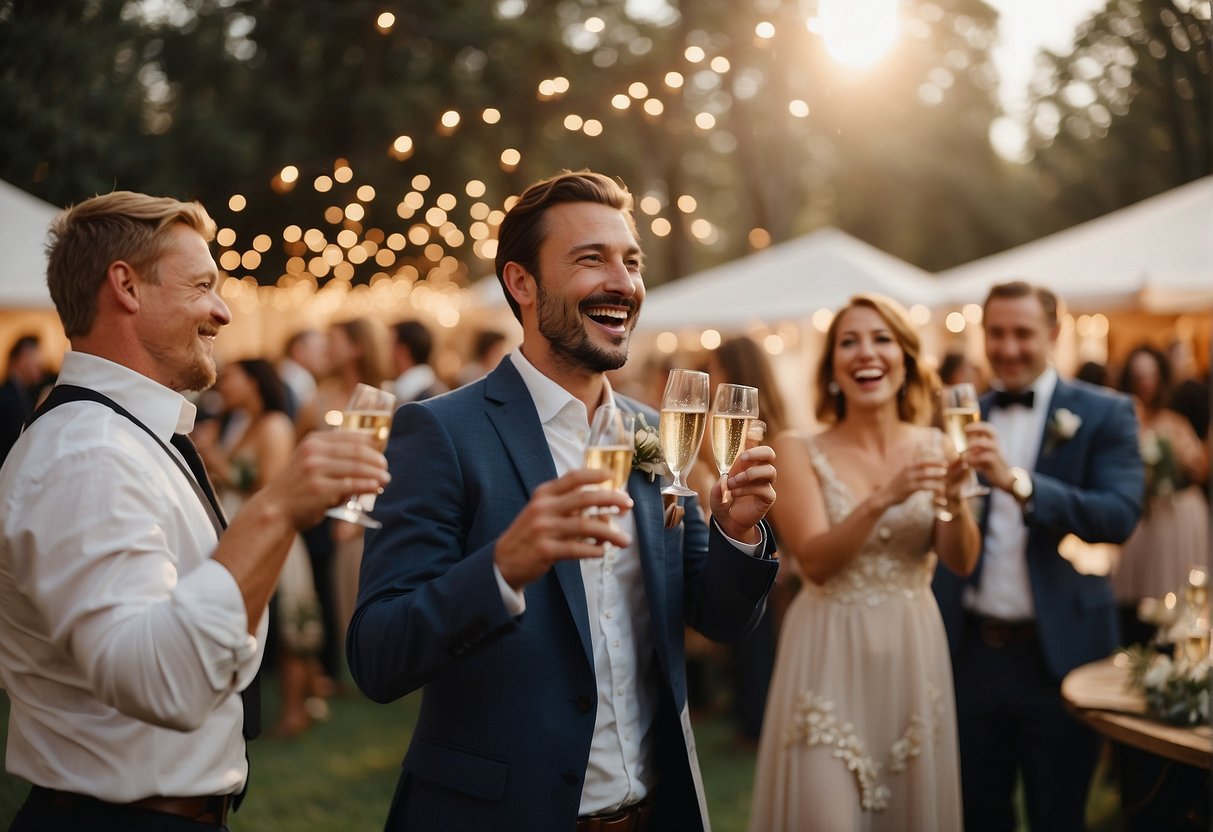 Guests dancing, laughing, and toasting champagne at a wedding reception. Tables adorned with flowers and candles, while a live band plays in the background