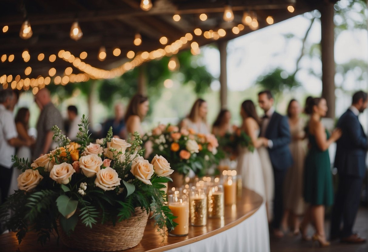 Guests mingle, sign guestbook, and sip drinks. Decorations and flowers adorn the venue. Music fills the air as anticipation builds