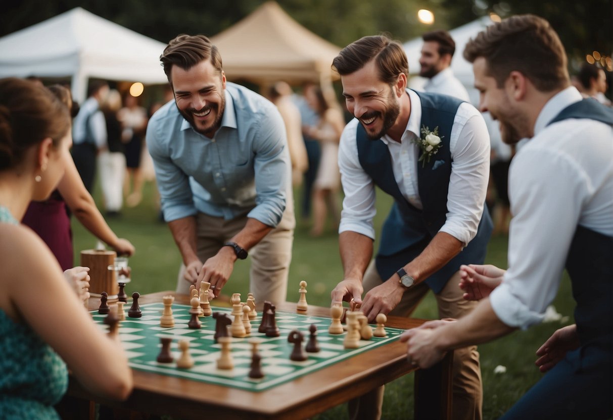 Guests play lawn games and board games during a wedding reception. Laughter and friendly competition fill the air as people gather for Dinner Time Games activities