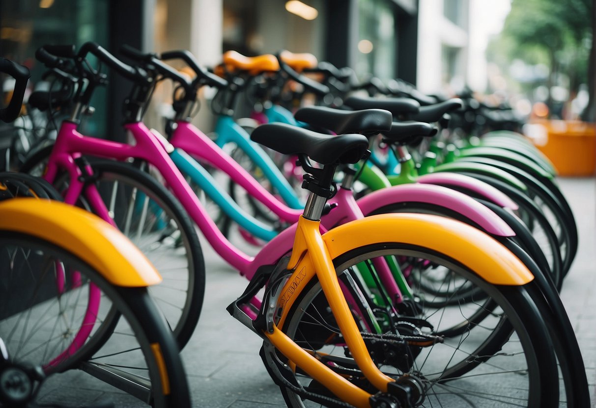 A vibrant cityscape with futuristic bicycles on display at Absolute Cycle Promotions in Singapore