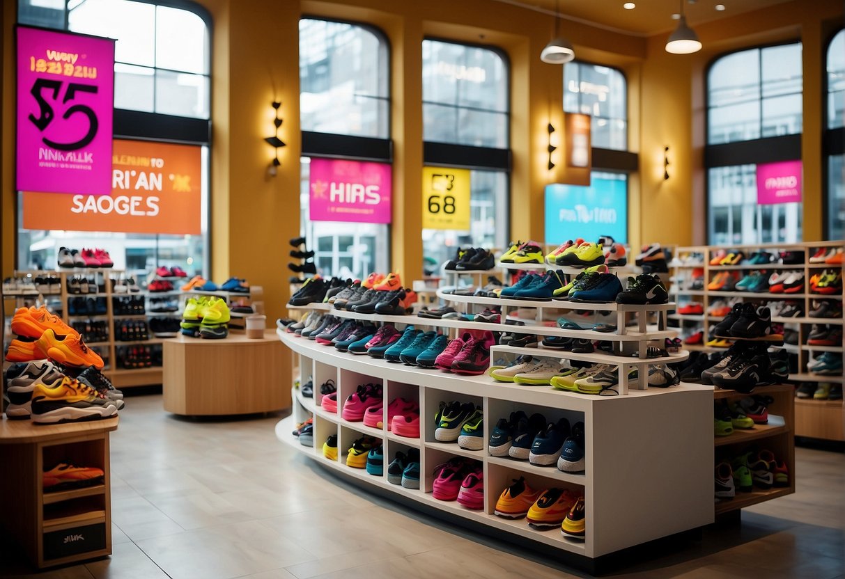 Brightly lit store with colorful banners and signs promoting ongoing sales on running shoes and gear. Display tables showcase discounted items