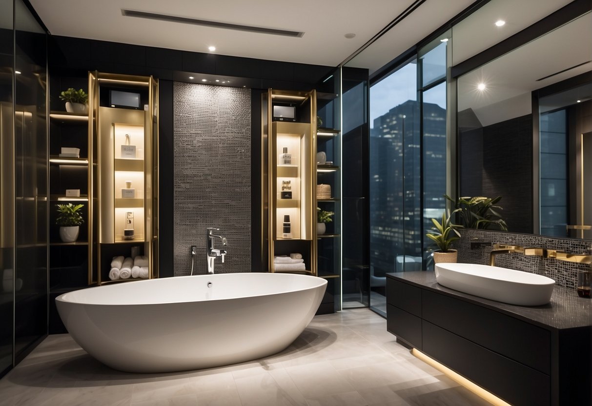 A modern bathroom showroom with sleek, elegant sanitary ware on display. Bold signage promotes exciting promotions in Singapore