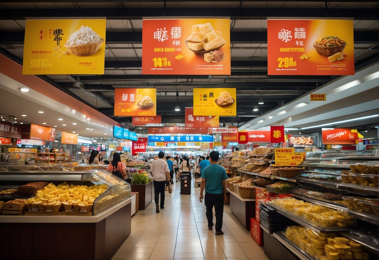 Sheng Siong promotions in Singapore: colorful banners, discounted products, crowded aisles, and busy cashiers