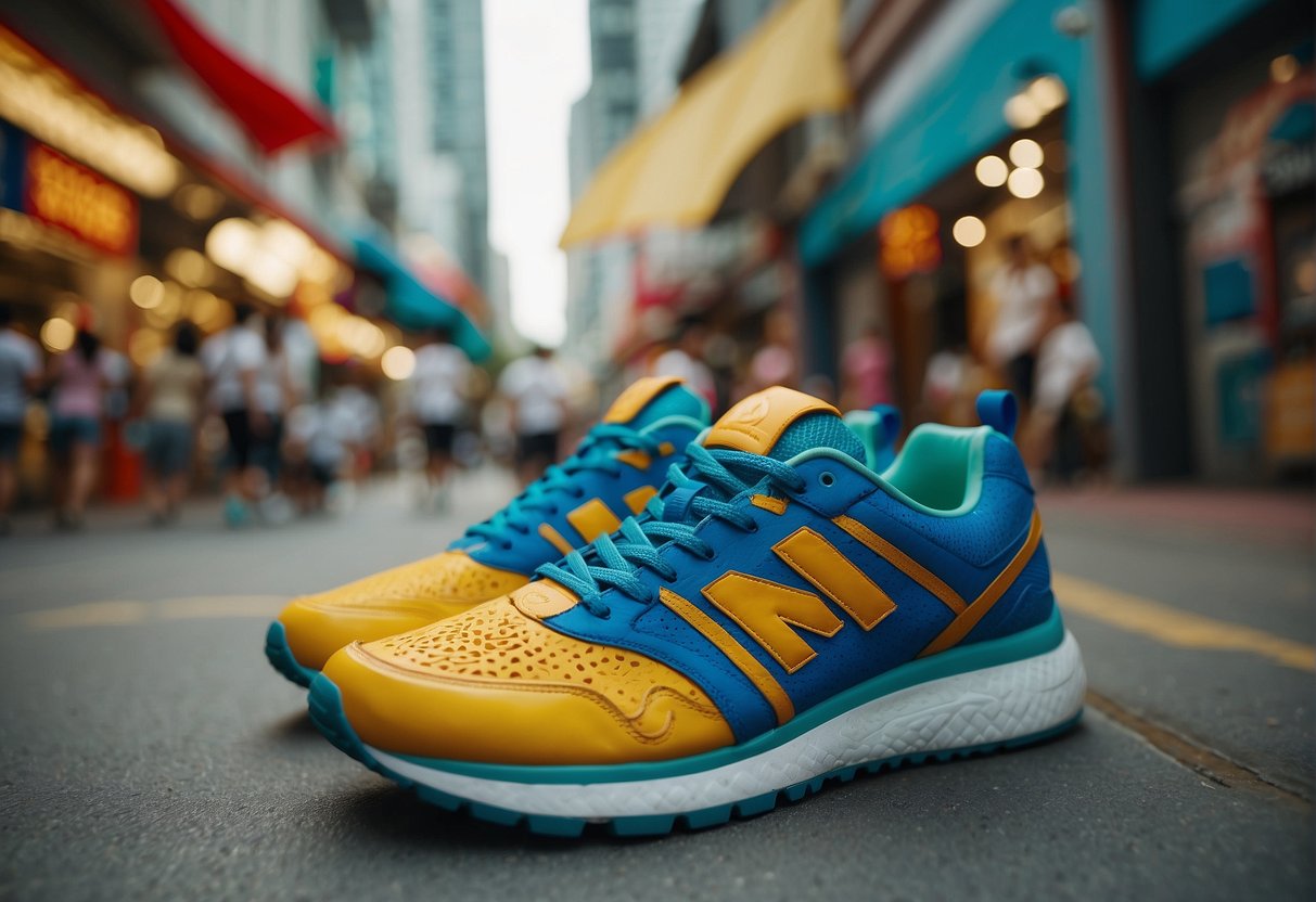 A vibrant Singaporean street scene with colorful sneakers displayed at a running lab, surrounded by energetic promotional activities for the Love Sneaker Campaign