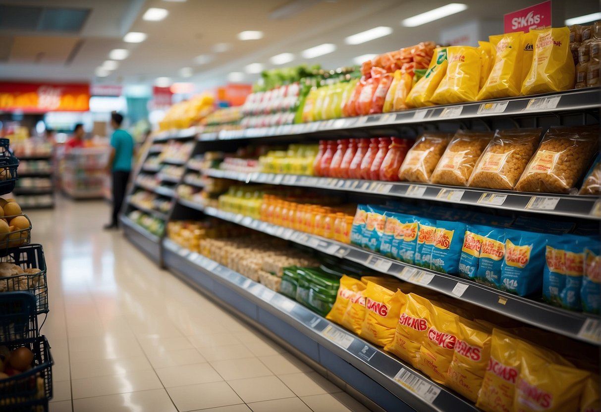 Sheng Siong's 2024 Promotions: A vibrant display of discounted products, colorful banners, and excited customers at a bustling Singaporean supermarket