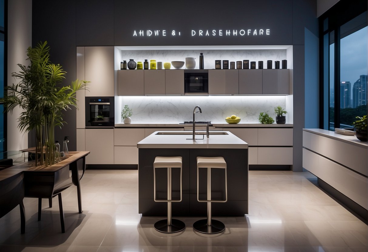 A modern kitchen with sleek, innovative sanitary ware products displayed in a showroom setting in Singapore. Bright lighting highlights the clean lines and contemporary designs of the promotions