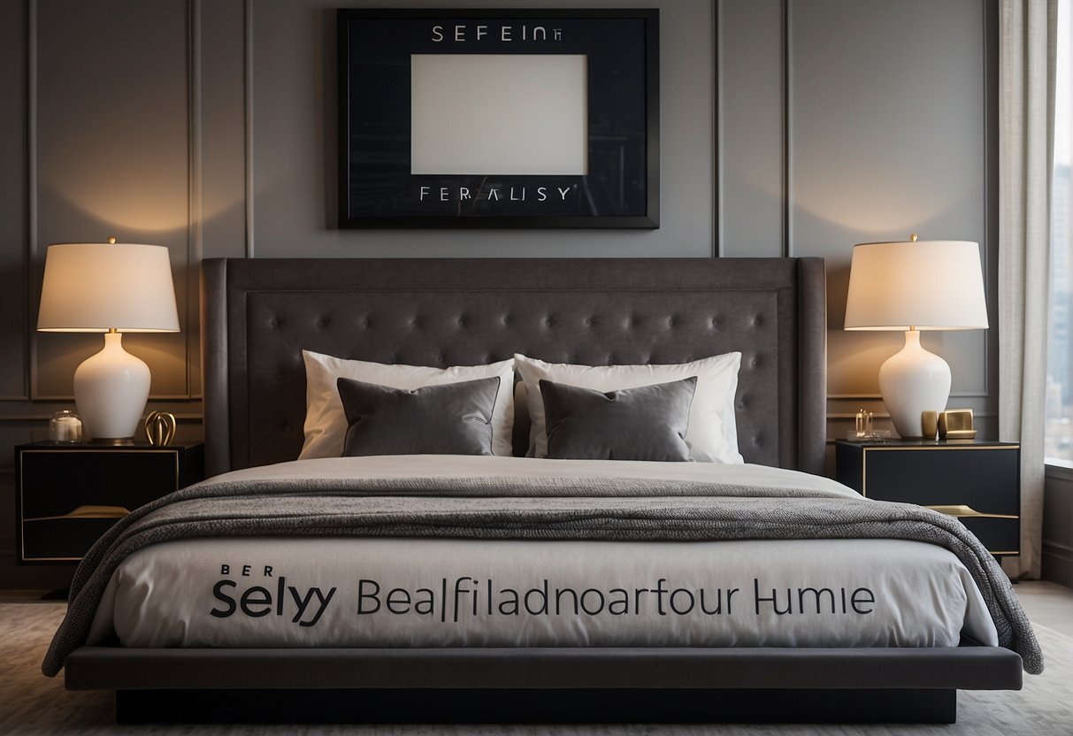 A sleek bedframe with Sealy branding, surrounded by promotional materials, creates a luxurious and inviting atmosphere