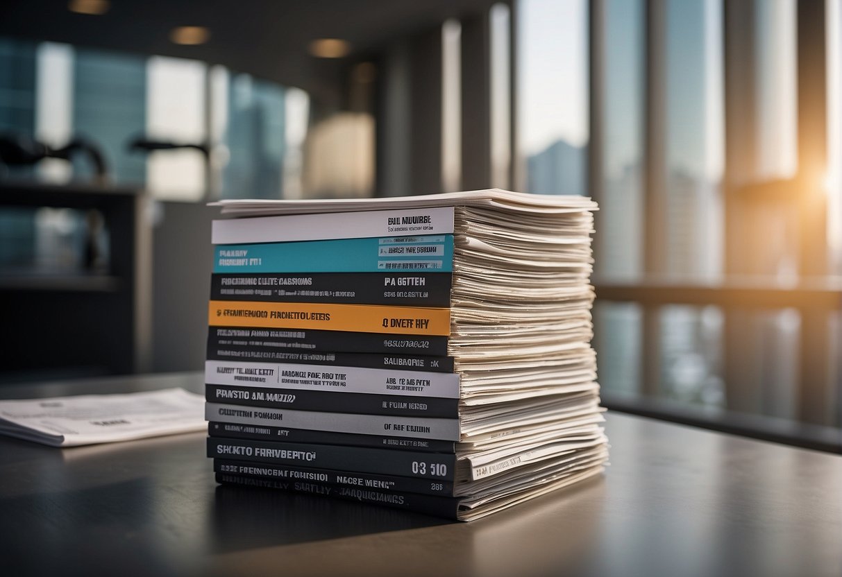 A stack of promotional flyers with "Frequently Asked Questions" on a desk, surrounded by lab equipment and Singapore cityscape in the background