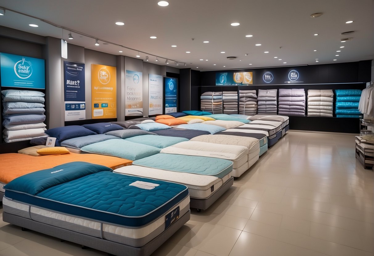 A colorful display of Sealy mattresses with promotional banners in a Singapore showroom