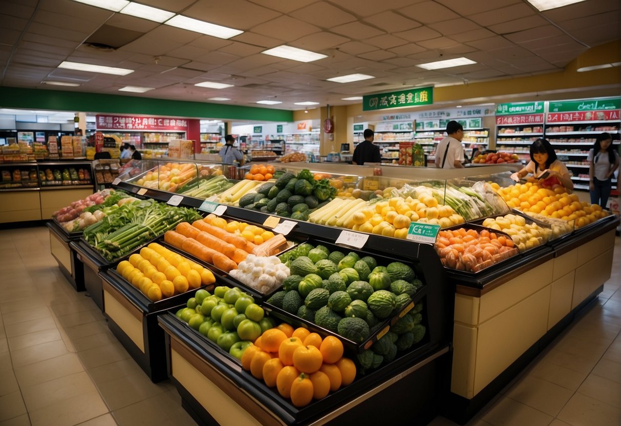 Customers browse aisles of fresh produce and discounted products at Sheng Siong. Brightly colored promotions signs hang overhead