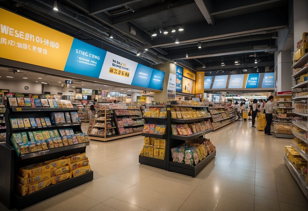 Sheng Siong promotions in Singapore, with colorful banners and excited customers browsing the aisles