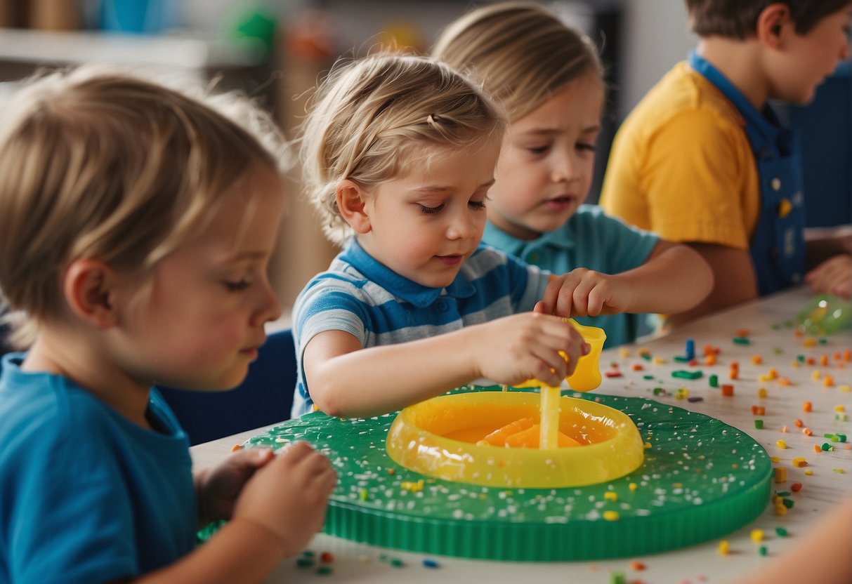 Children engage in sensory and educational glue-based activities, exploring textures and creating art with glue and various materials