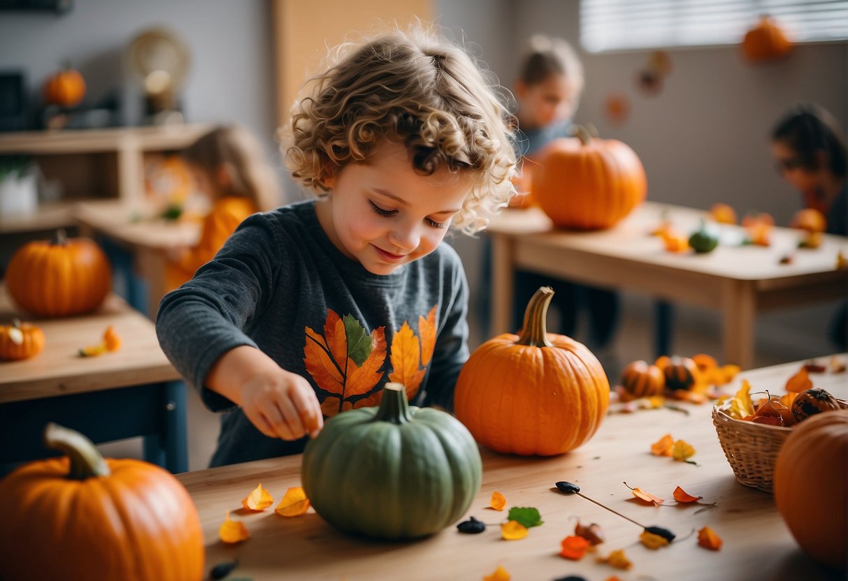 Children painting pumpkins, collecting colorful leaves, and playing with Halloween-themed sensory bins in a cozy classroom decorated with fall-themed artwork