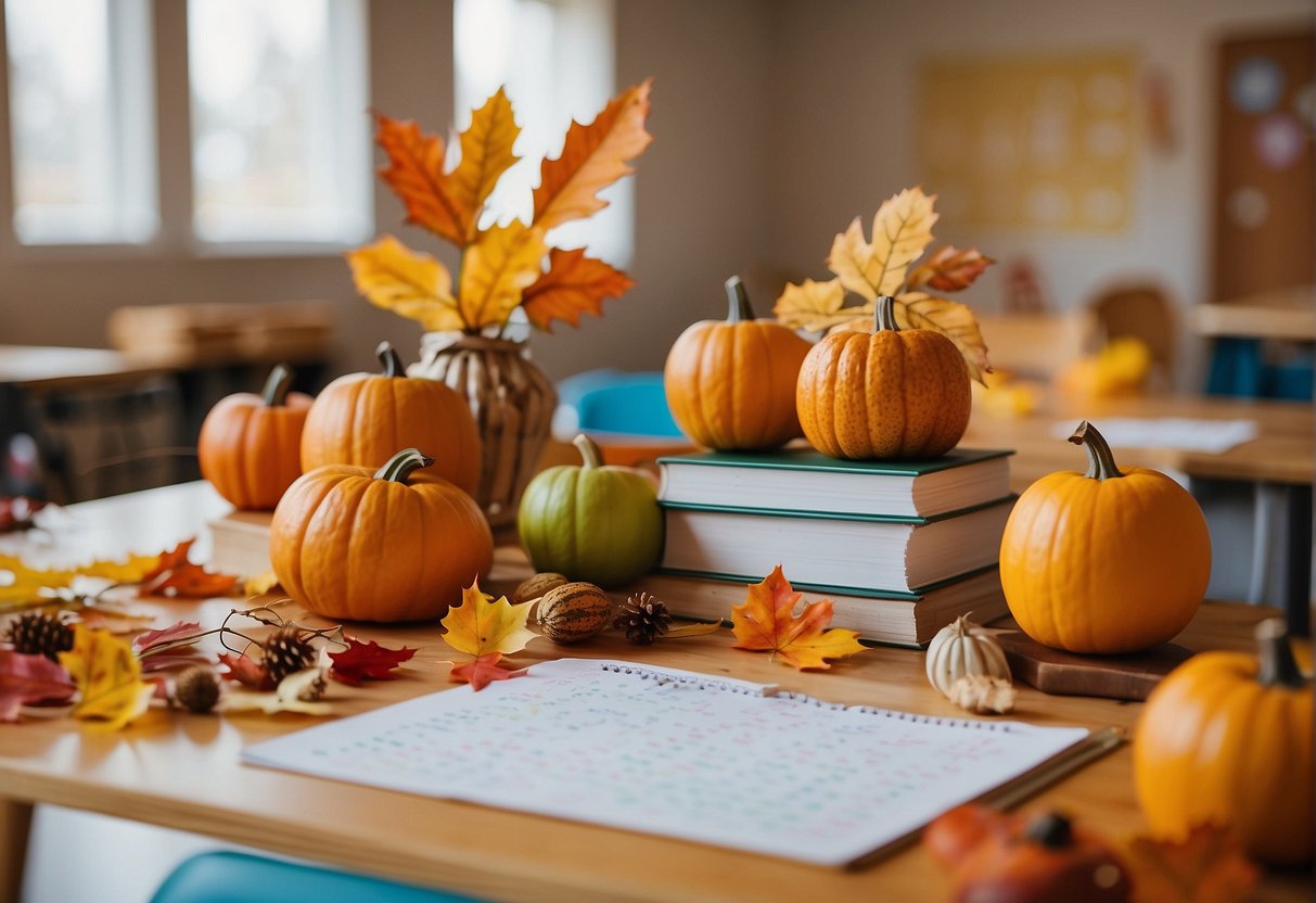 A colorful classroom with fall-themed decorations, a calendar showing October, and a table filled with thematic lesson plans for preschool activities