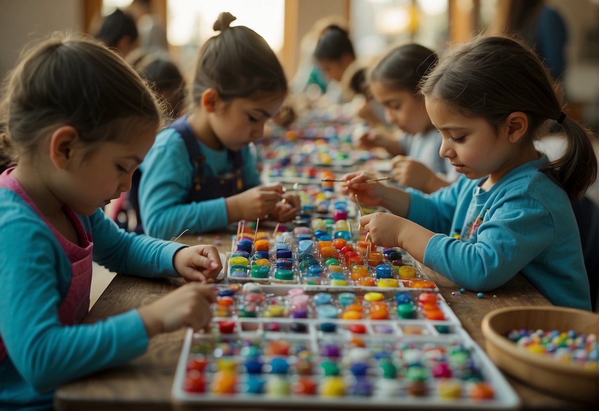 Children using small paintbrushes to create detailed artwork on mini canvases, while others carefully stringing colorful beads onto thin wires to make intricate jewelry