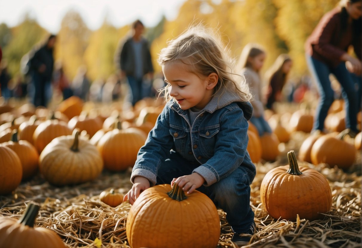 Children playing in a pumpkin patch, picking out their favorite pumpkins. A hayride through colorful autumn leaves. Bobbing for apples at a festival