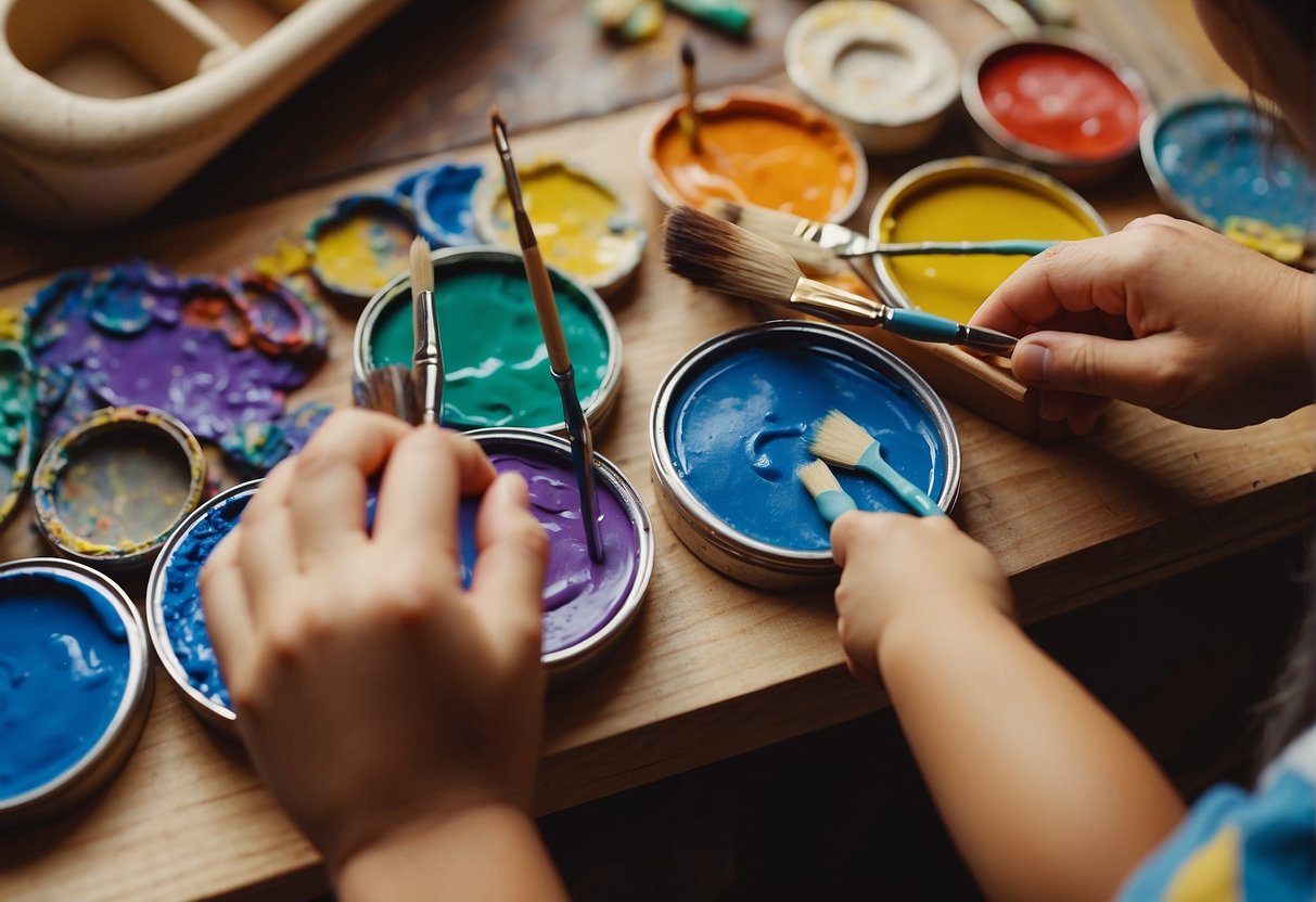 A table covered with colorful paints, brushes, and paper. A child's hand reaching for a paintbrush. A smiling adult guiding the child