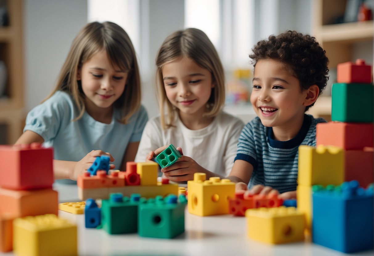 Children playing games, drawing, and building with blocks in a colorful, spacious room filled with toys and art supplies