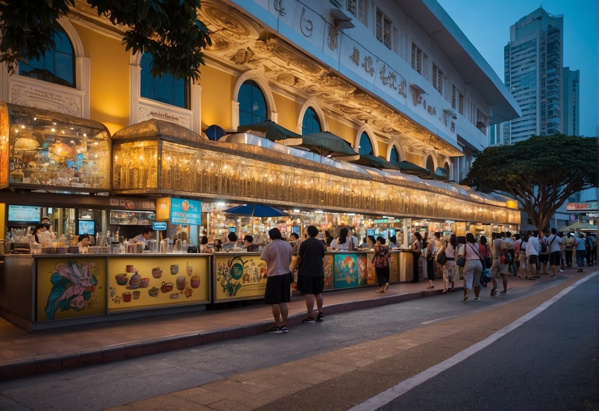 Government arts promotions in Singapore: A vibrant cityscape with iconic landmarks, colorful street art, and diverse cultural performances