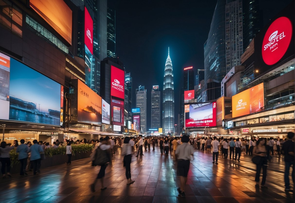 A vibrant cityscape with Singtel promotions displayed on billboards and digital screens, surrounded by bustling streets and a diverse crowd