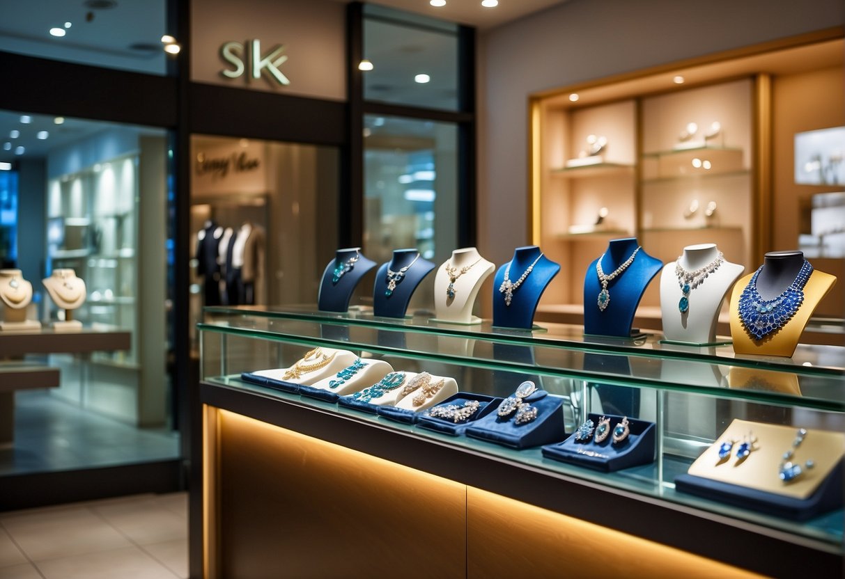 A sparkling display of SK jewellery in a vibrant Singapore storefront, with eye-catching promotions and elegant designs