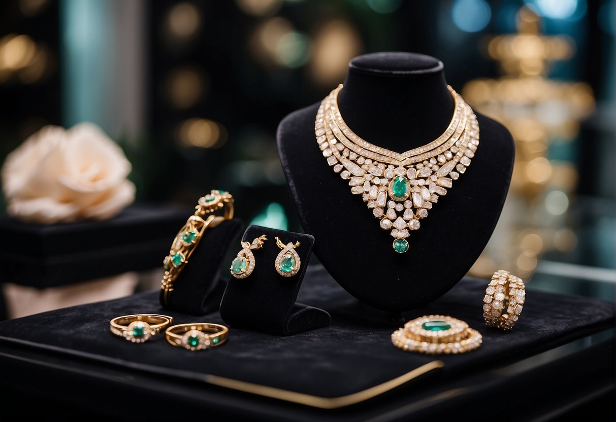 A luxurious display of sparkling jewelry pieces arranged on sleek black velvet stands, with bold signage promoting the latest promotions at SK Jewellery in Singapore