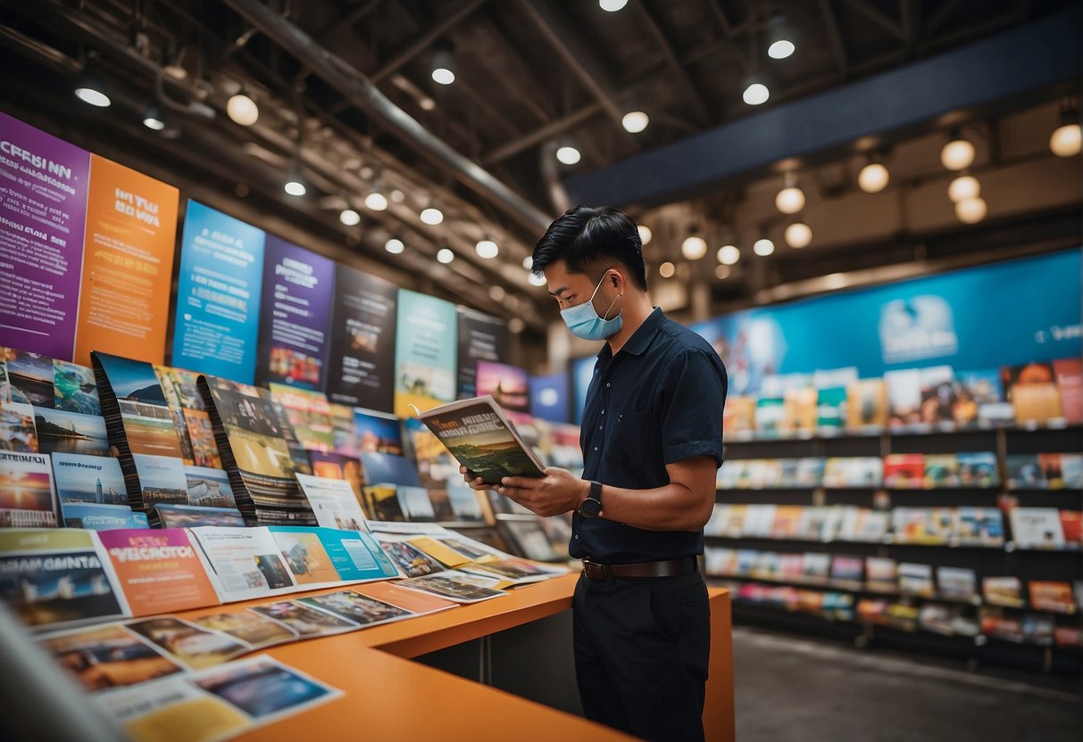 An artist examines a brochure on government arts promotions in Singapore, surrounded by colorful posters and art supplies