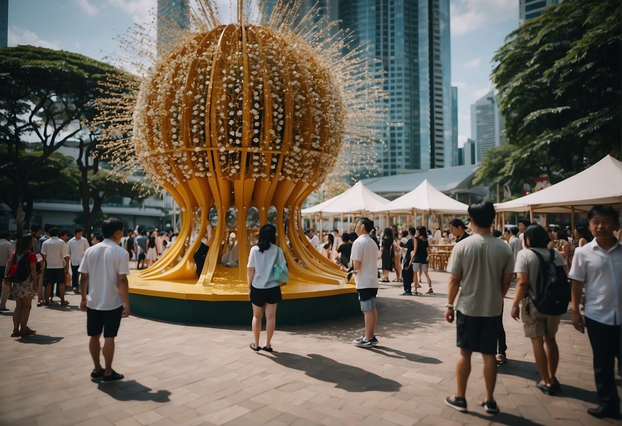 Vibrant art installations and performances fill a bustling city square, as government-funded programs support and promote the thriving arts community in Singapore