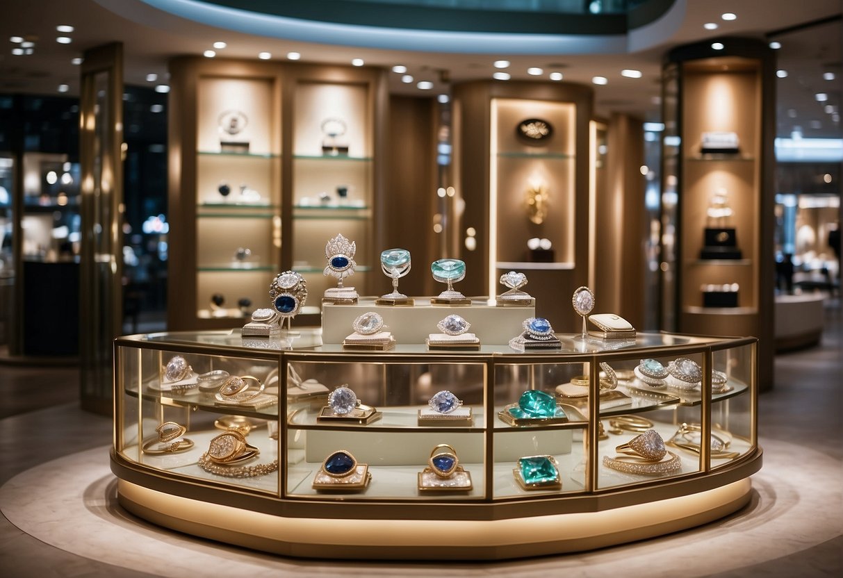 A sparkling display of luxury jewellery with promotional signs at SK Jewellery in Singapore