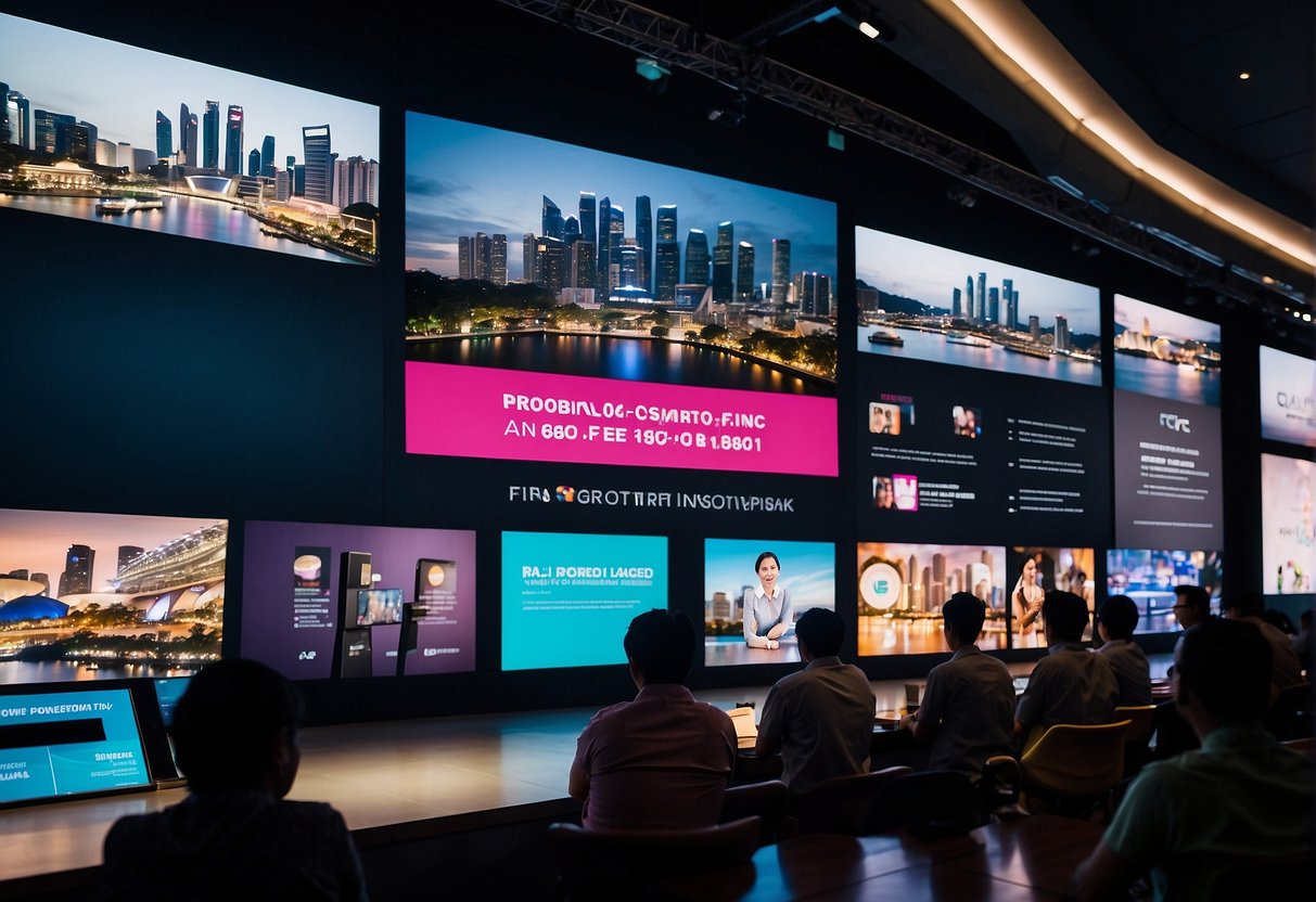 A bustling government arts promotion event in Singapore, with people engaging in Q&A sessions and browsing informational displays