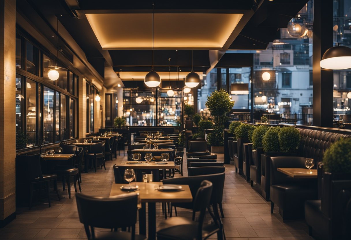 Clean restaurant scene at night in downtown. Apply now!